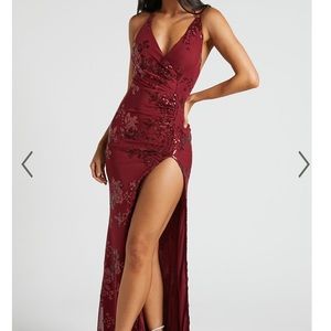 Showpo Out Till Dawn Maxi Dress - Thigh Split Dress in Wine Sequin